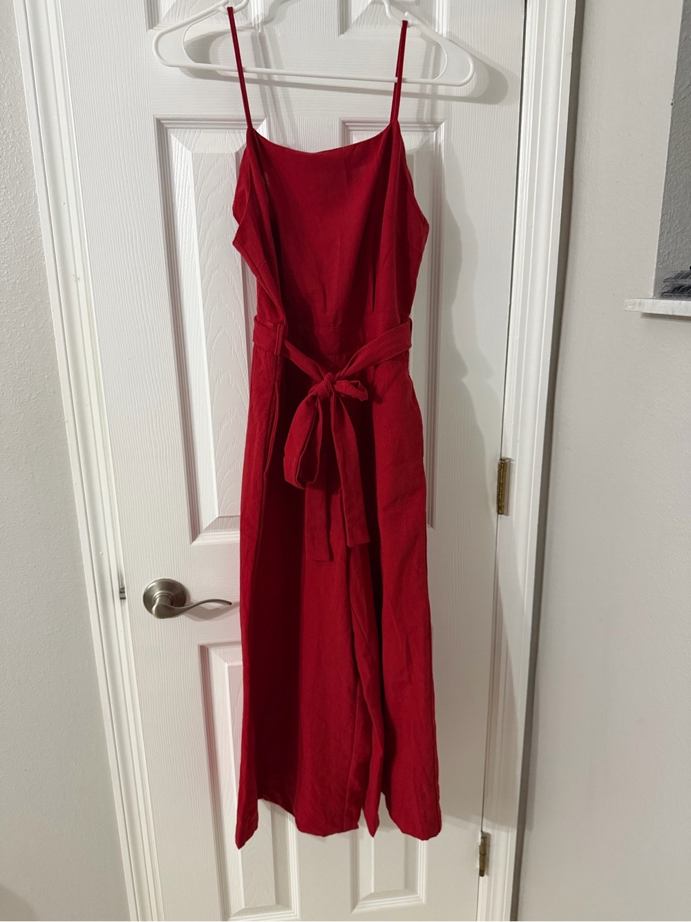 Red Spaghetti-Strap Tie-Waist Midi Dress